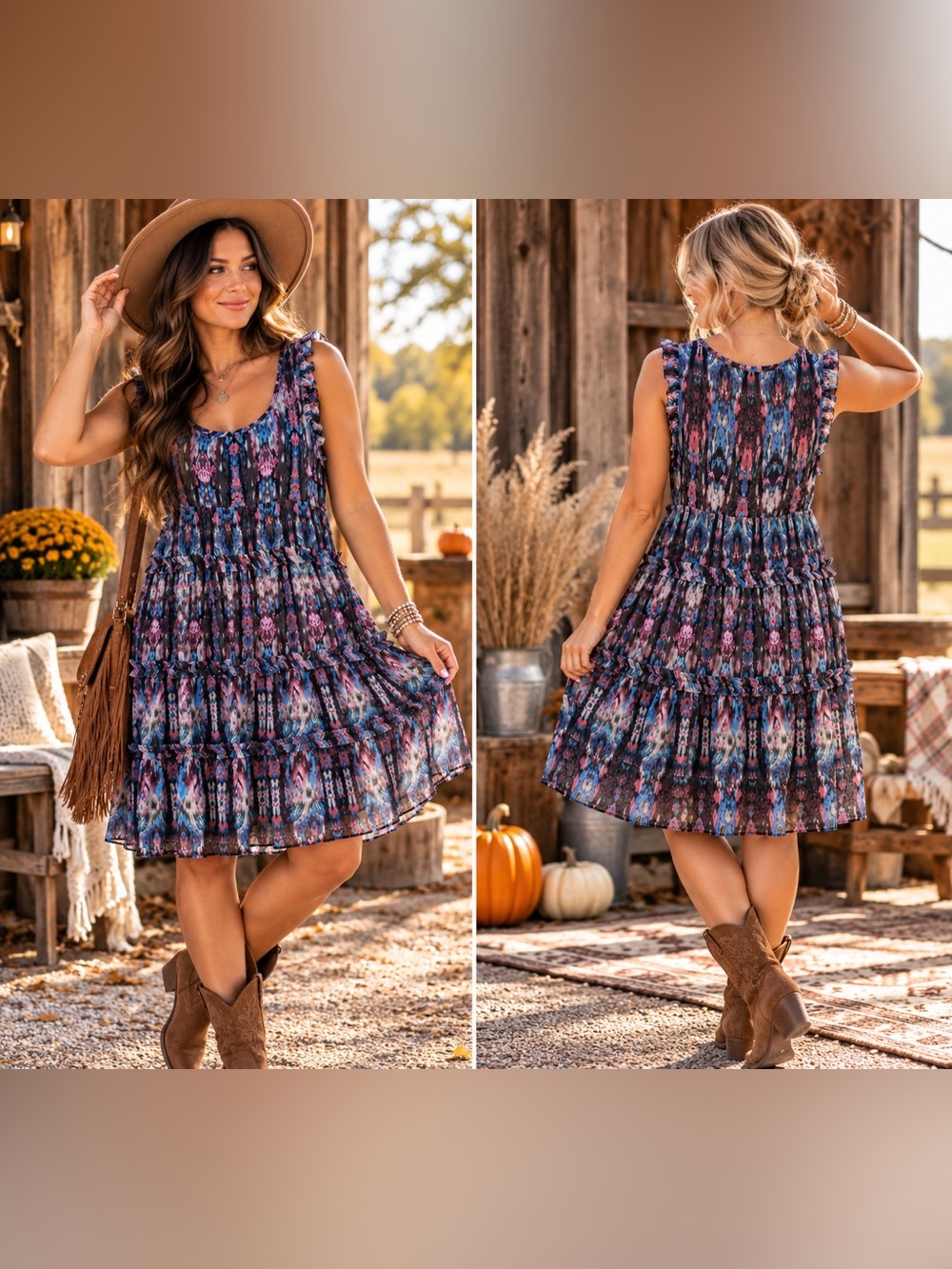 Sleeveless Tiered Floral Midi Dress in Blue and Purple